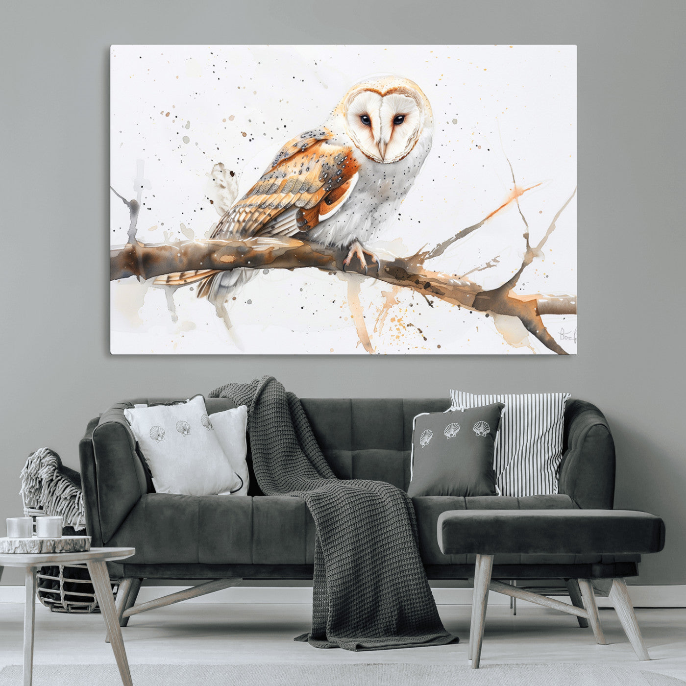 MGV-CV-36X24 - Barn Owl Wall Art on Branch | Stunning Canvas Print for Nature Lovers | Ready to Hang and Framed