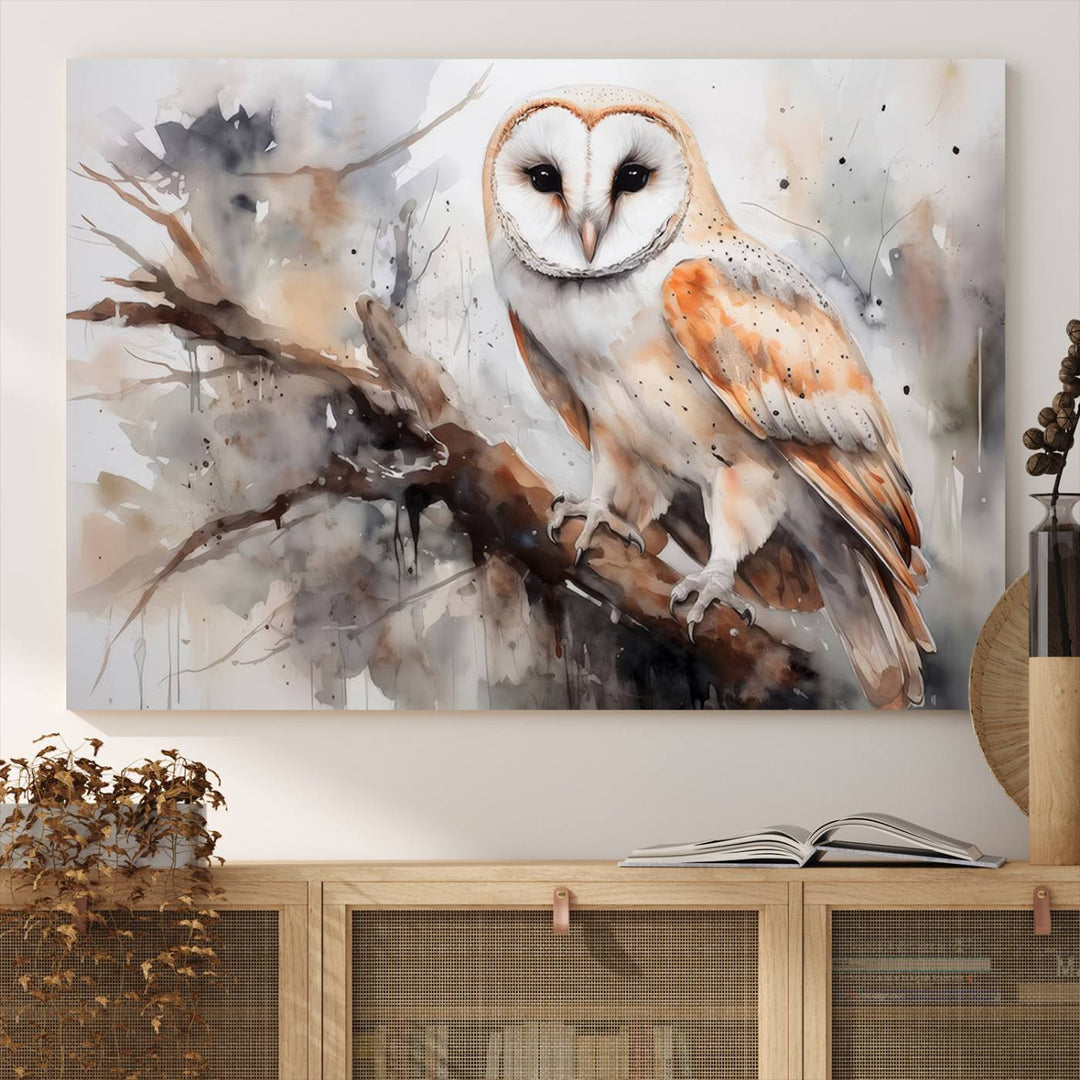 The Barn Owl Wall Art, a watercolor canvas print, elegantly adorns the wall in a modern living room, seamlessly merging farmhouse wall decor with contemporary style.