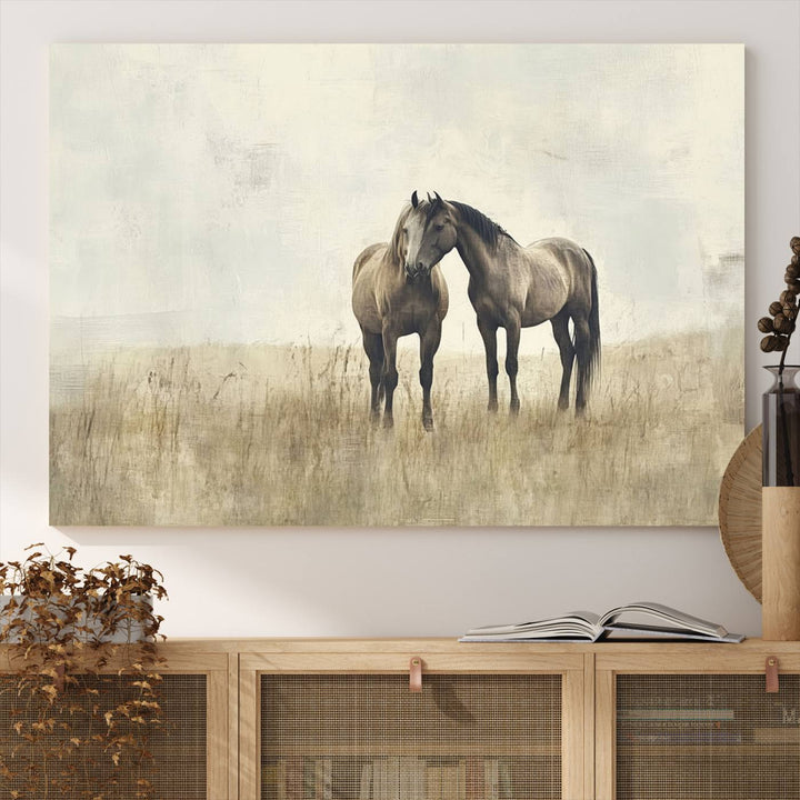 The Chinese Style Grunge Horses Wall Art Canvas Print, featuring a three-panel design of two horses in a misty field, is crafted on museum-quality canvas using high-resolution printing and hangs elegantly.