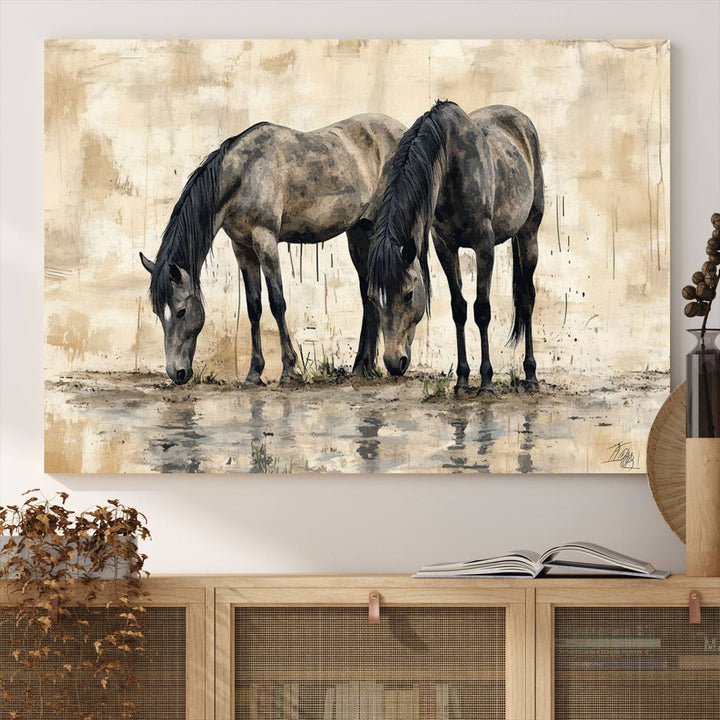 Chines Ink Style Black Horses Wall Art Canvas Print features a triptych painting of two horses drinking at the water's edge.