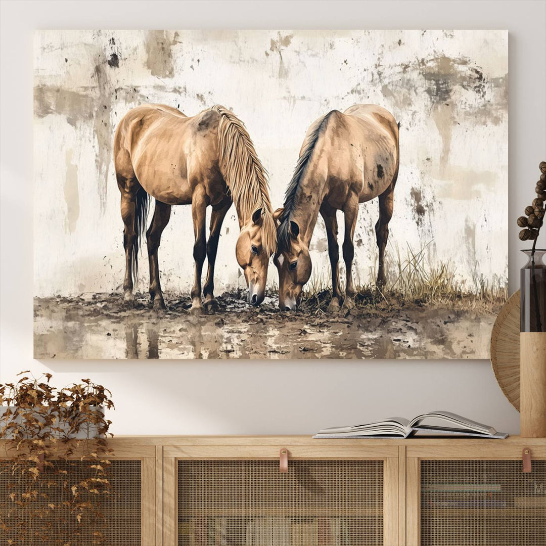 The Vintage Horses Wall Art, a ready-to-hang and framed triptych, beautifully captures two horses gracefully grazing. It perfectly complements the rustic charm of western farmhouse wall decor.