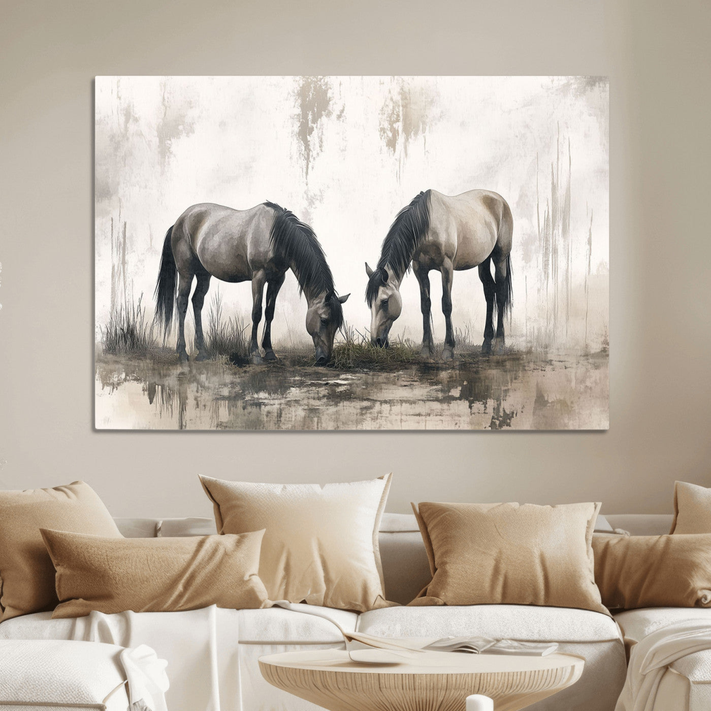 35494-MGV-CV-36X24-Chines Ink Style Vintage Horses Wall Art Canvas Print for Farmhouse Wall Decor