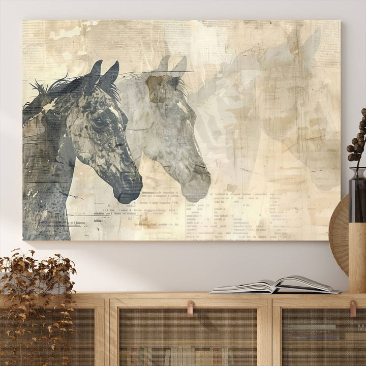 The Abstract Horse Canvas Print, part of the Modern Farmhouse Wall Art collection and ready to hang with its framed design, enhances the decor when displayed as a three-panel set on a dark wall.