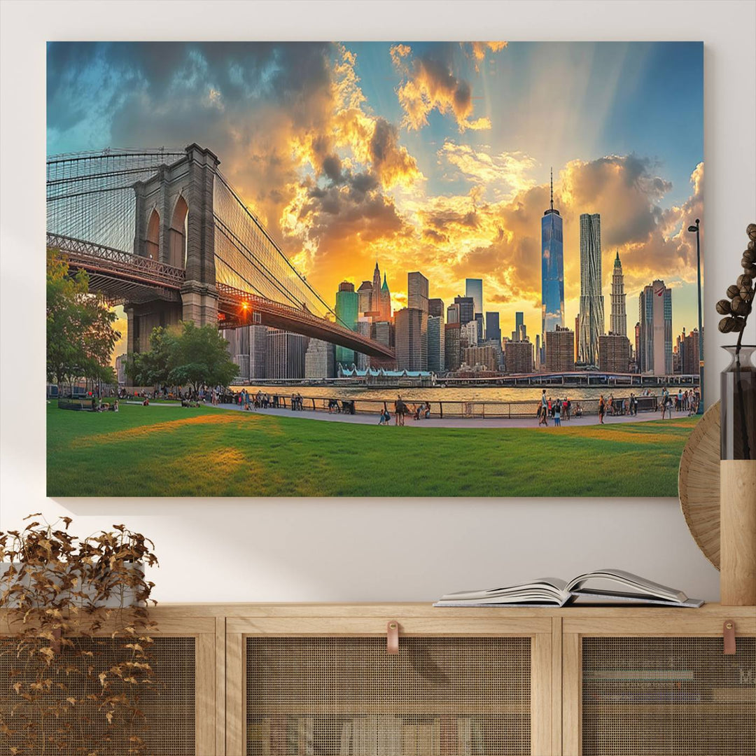 The "Brooklyn Bridge New York Skyline Wall Art" is a ready-to-hang framed canvas print that beautifully captures the cityscape at sunset, showcasing the iconic Brooklyn Bridge and majestic skyscrapers.