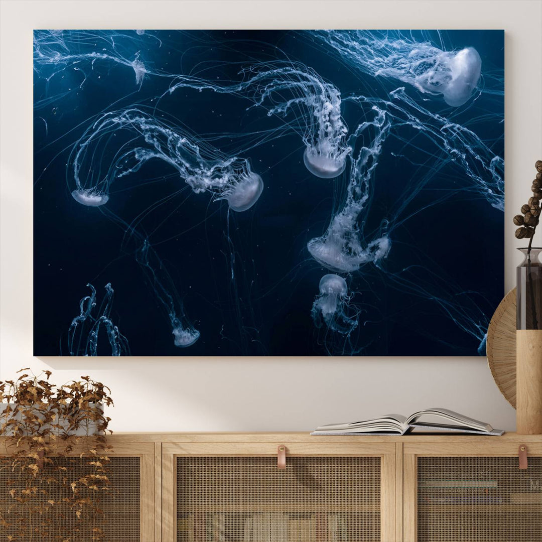 Room with modern decor, featuring the Abstract Jellyfish in Ocean Wall Art Canvas Print on museum-quality canvas.