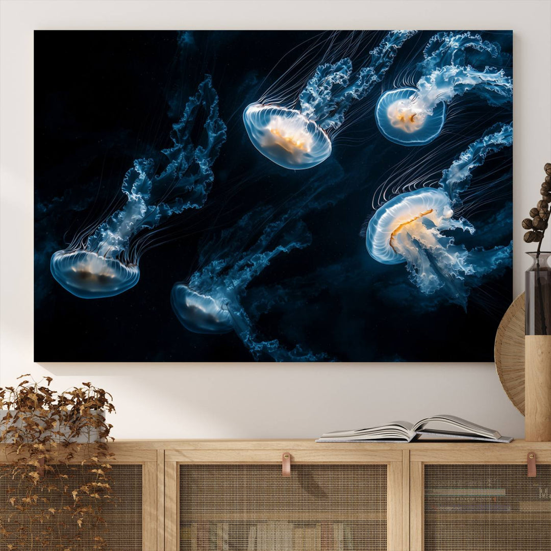 The "Jellyfish Wall Art Canvas Print," featuring a sea-themed design of glowing jellyfish, is displayed in high-resolution on museum-quality canvas.