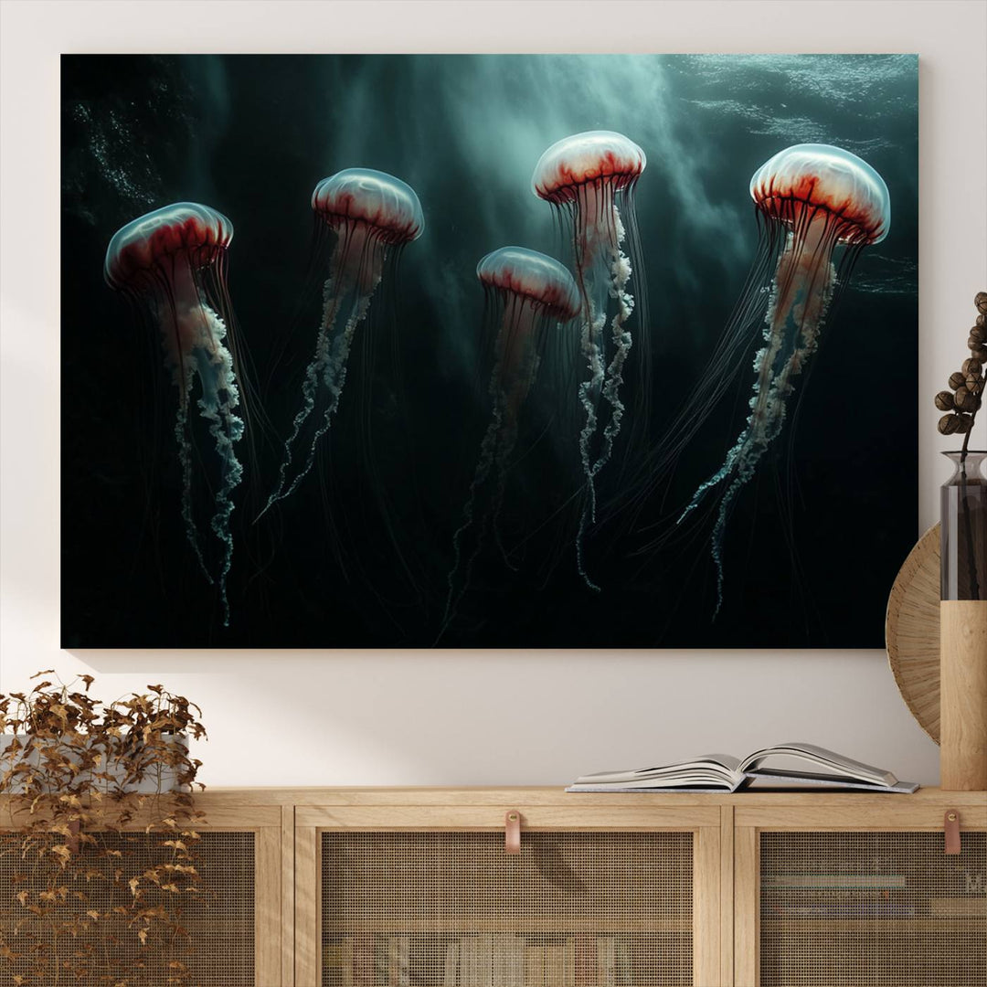 The Abstract Jellyfish Wall Art Canvas Print, framed in the USA and showcased on museum-quality canvas with high-resolution printing, adds a decorative touch to the space.