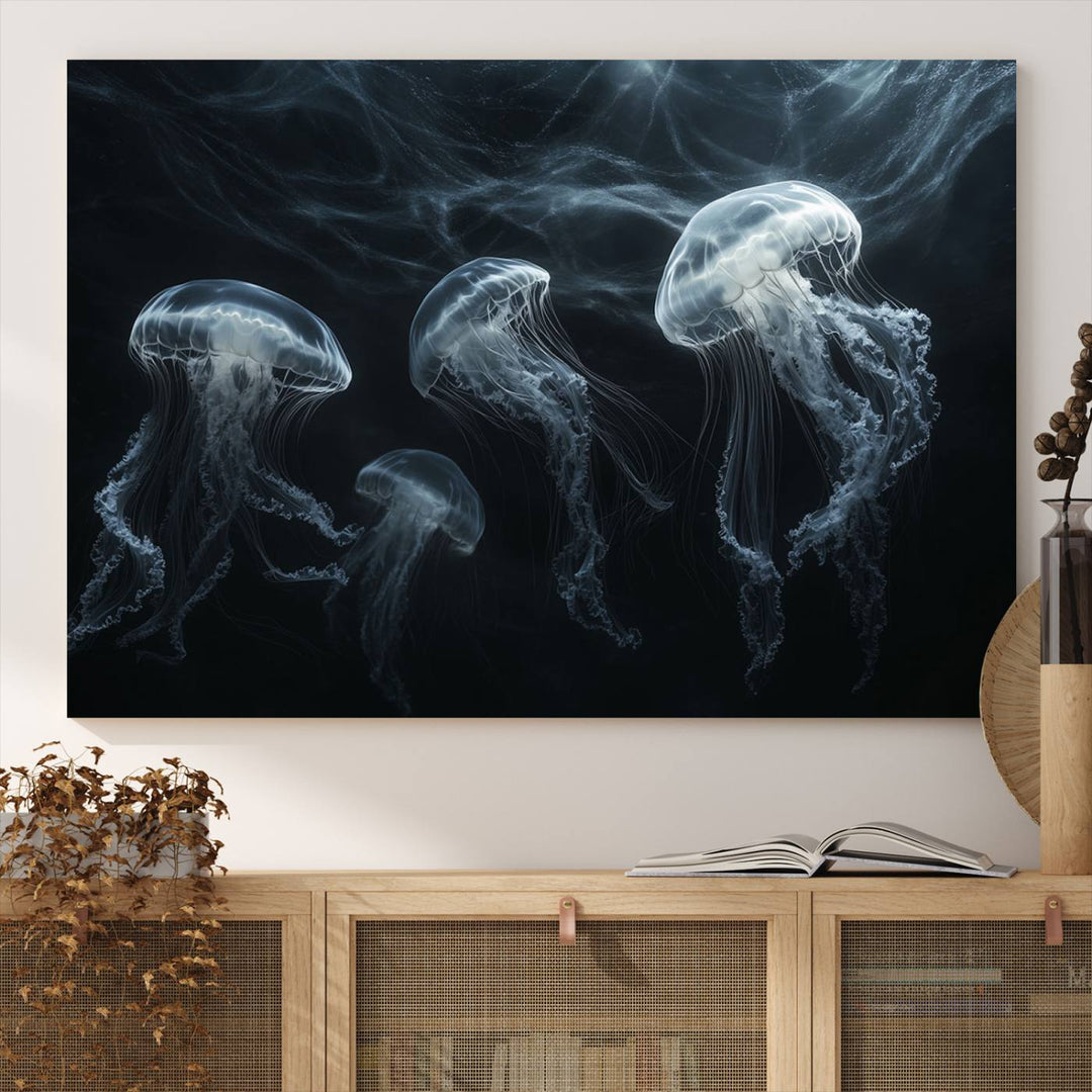 The Jellyfish Wall Art Canvas Print features glowing jellyfish in vibrant colors on museum-quality canvas.