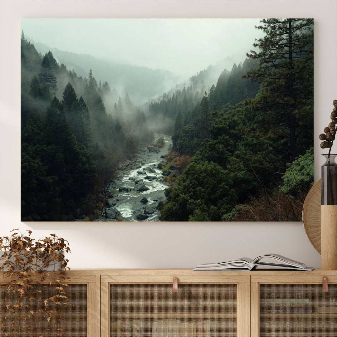 Misty Forest Wall Art | Ready to Hang and Framed | Tranquil Nature Landscape for Living Room or Cabin Wall Decor