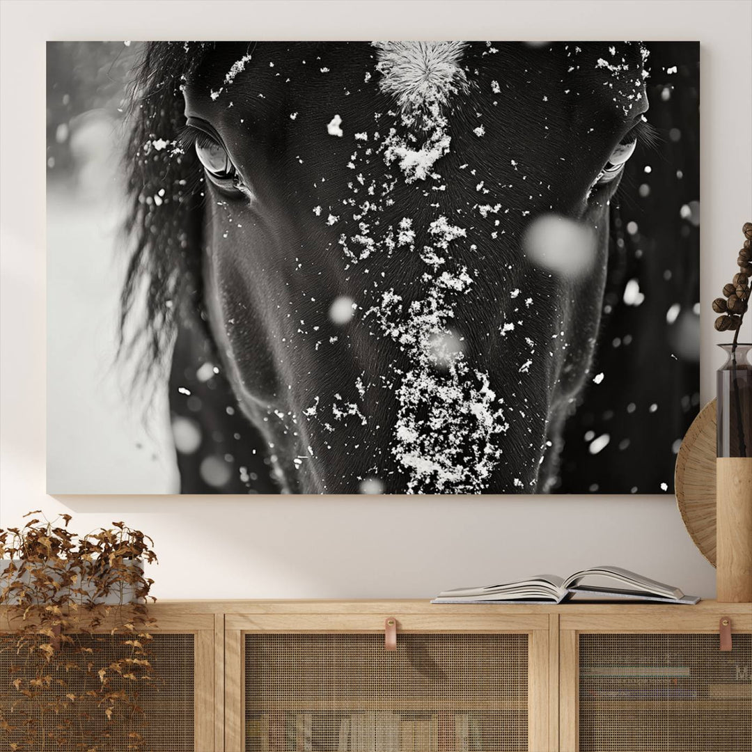 The Winter Horse Snow Wall Art Canvas Print, a black and white triptych showcasing a snow-covered horse's face, infuses the space with rustic cabin decor.