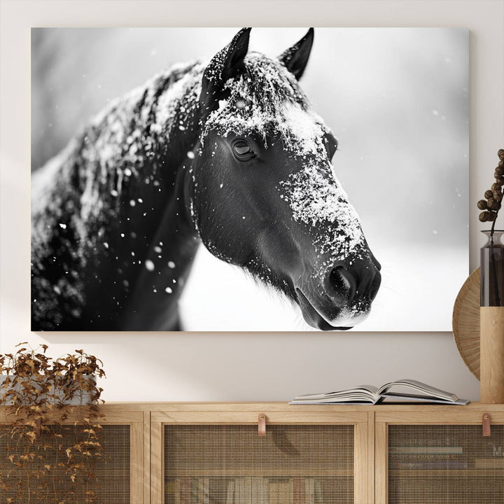 A set of Winter Horse Snow Wall Art Canvas Prints hangs, creating the perfect touch of Rustic Cabin Decor.