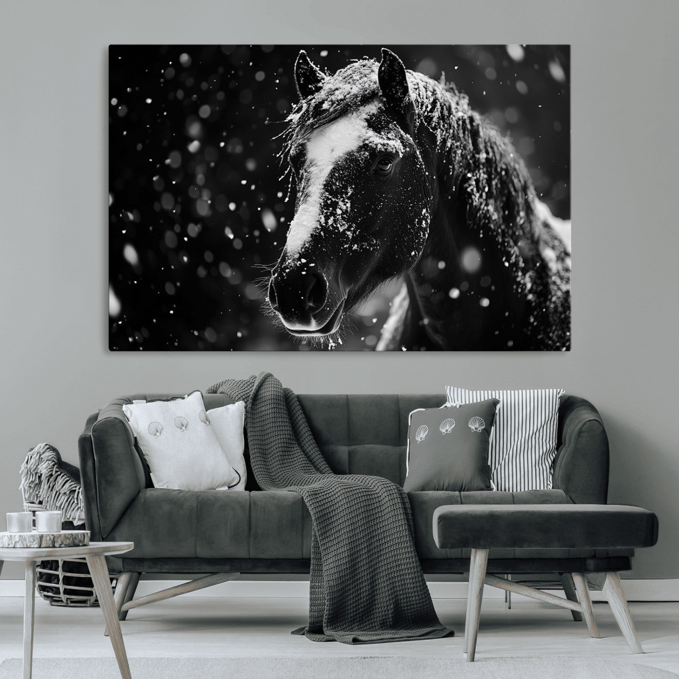 MGV-CV-36X24 - Winter Horse Wall Art | Black and White Horse Print | Ready to Hang and Framed | Farmhouse Wall Art