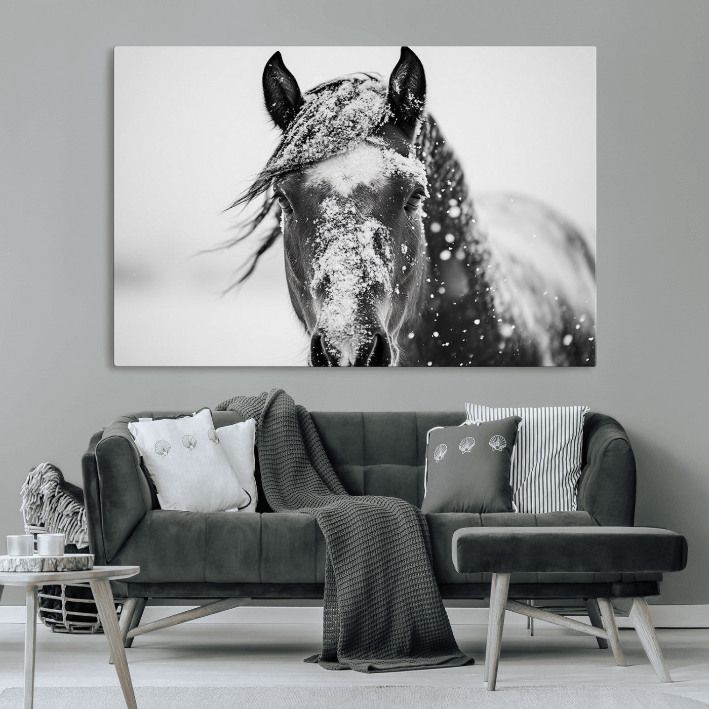 MGV-CV-36X24 - Western Wall Art | Black and White Winter Horse Wall Art | Ready to Hang and Framed | Farmhouse and