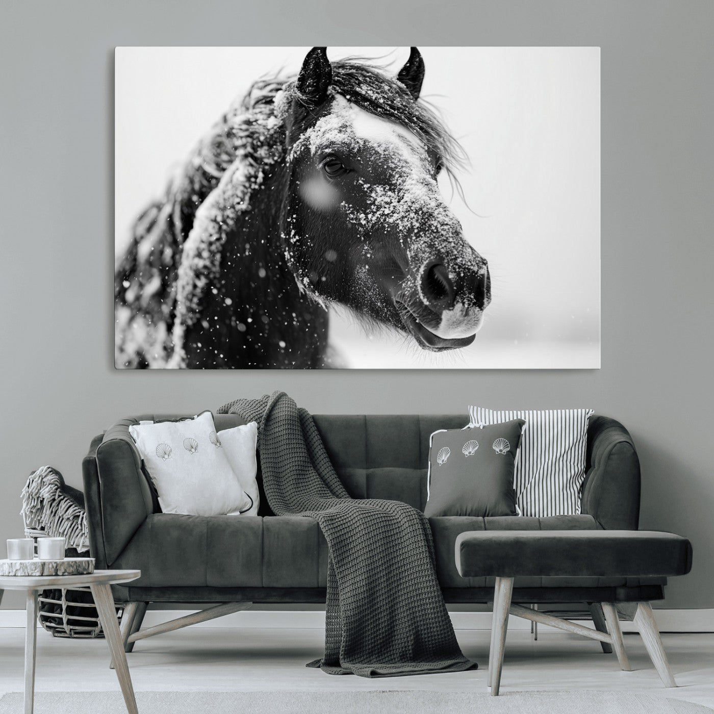 MGV-CV-36X24 - Winter Horse Canvas Print | Large 3-Panel Black White Equine Photography for Rustic Farmhouse Wall