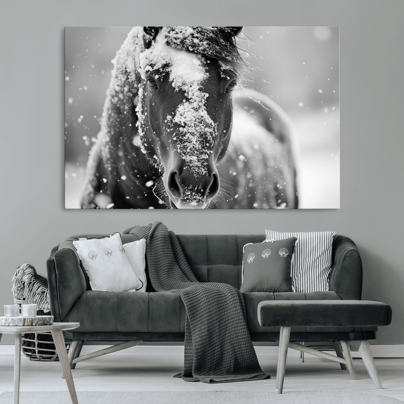 MGV-CV-36X24 - Black and White Horse Winter Wall Art | Ready to Hang and Framed | Farmhouse Wall Decor | Western