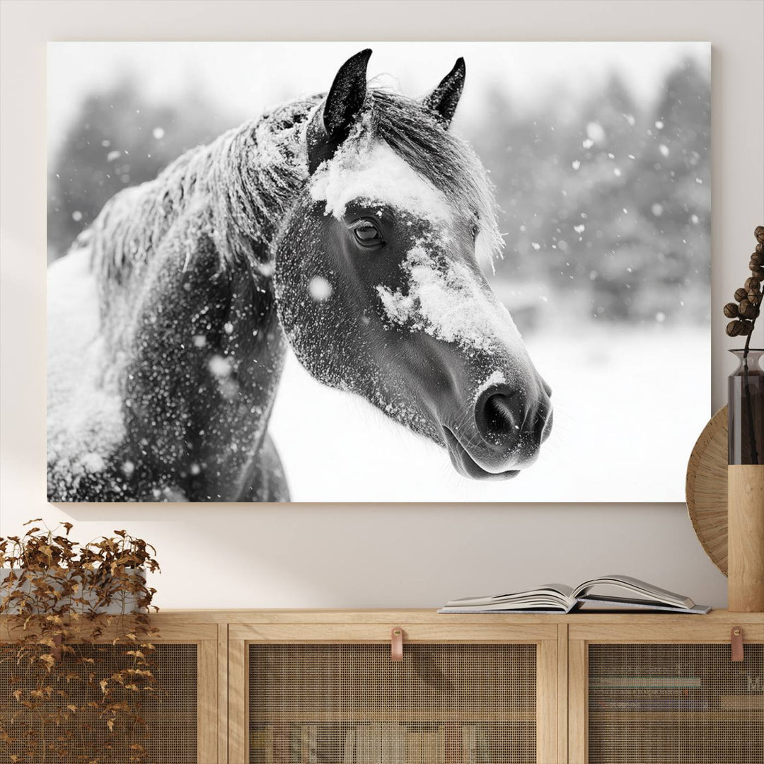 The Black Horse Winter Wall Art, framed and ready to hang, is beautifully displayed as farmhouse and western wall decor.