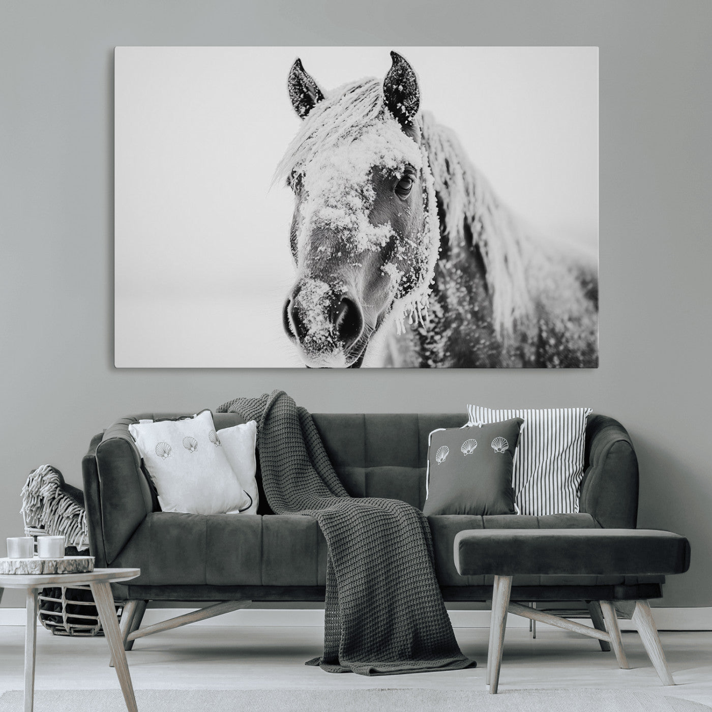MGV-CV-36X24 - White Horse Wall Art | Ready to Hang and Framed | Winter Horse Wall Art Print for Farmhouse and