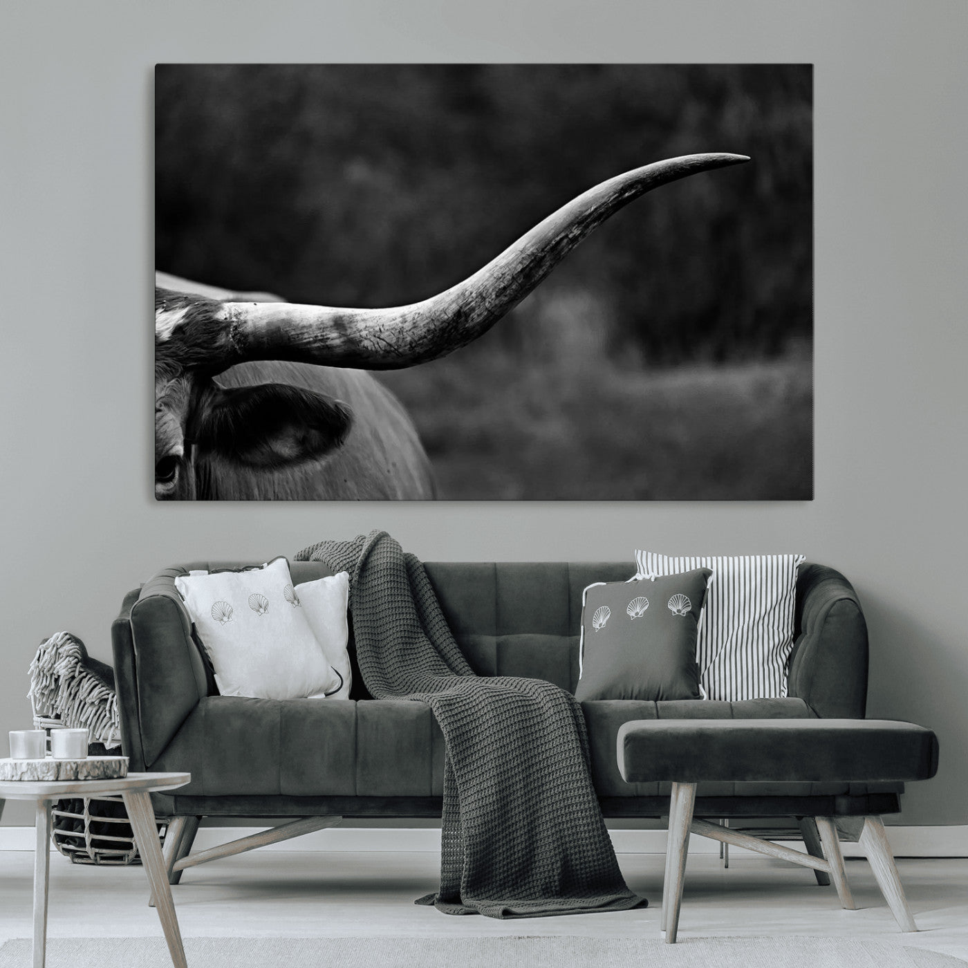 MGV-CV-36X24 - Cow Longhorn Wall Art | Black and White Print | Ready to Hang and Framed | Farmhouse Wall Decor |