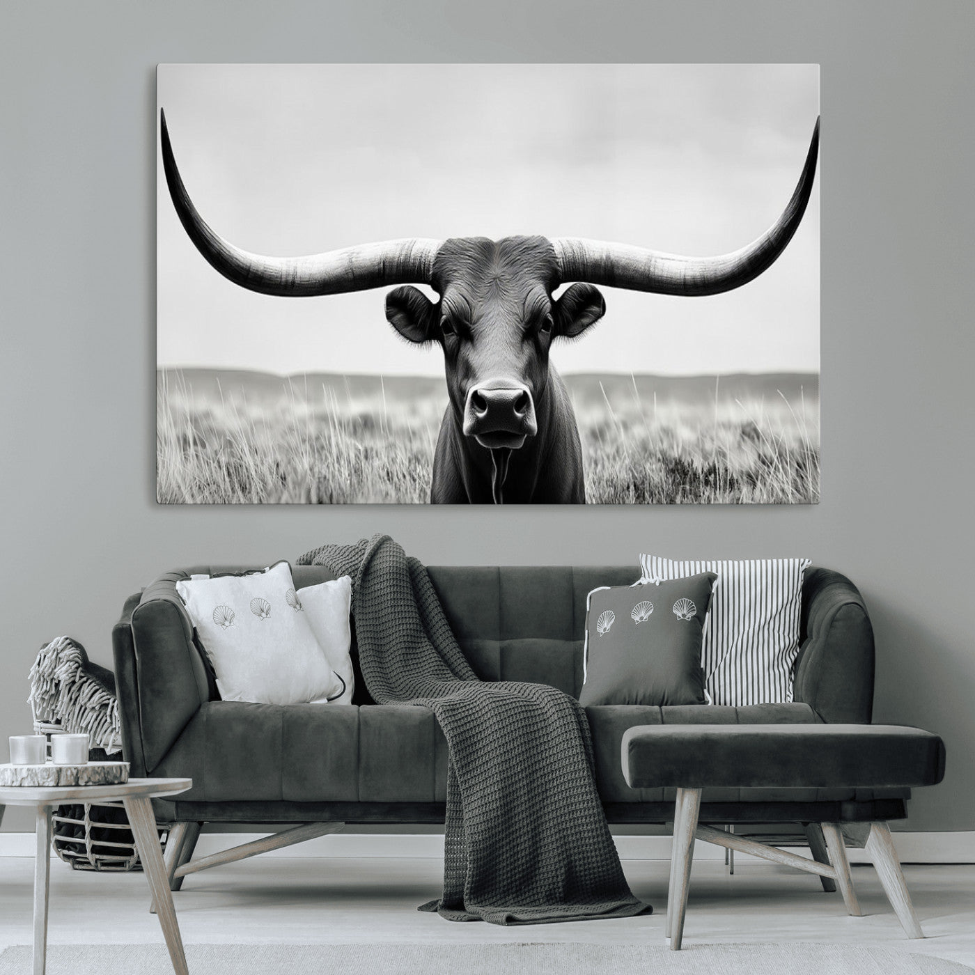 -Longhorn Bull Canvas Print | Rustic Farmhouse Wall Art | Western Decor | Ready to Hang and Framed