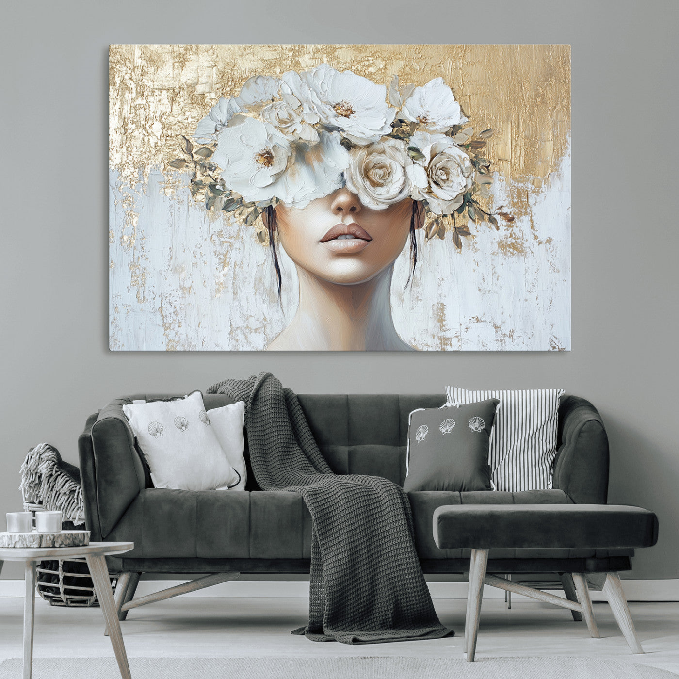 MGV-CV-36X24 - Golden Petal Wall Art - Canvas Print Flower Head Woman Painting Floral Woman Portrait Wall Decor,