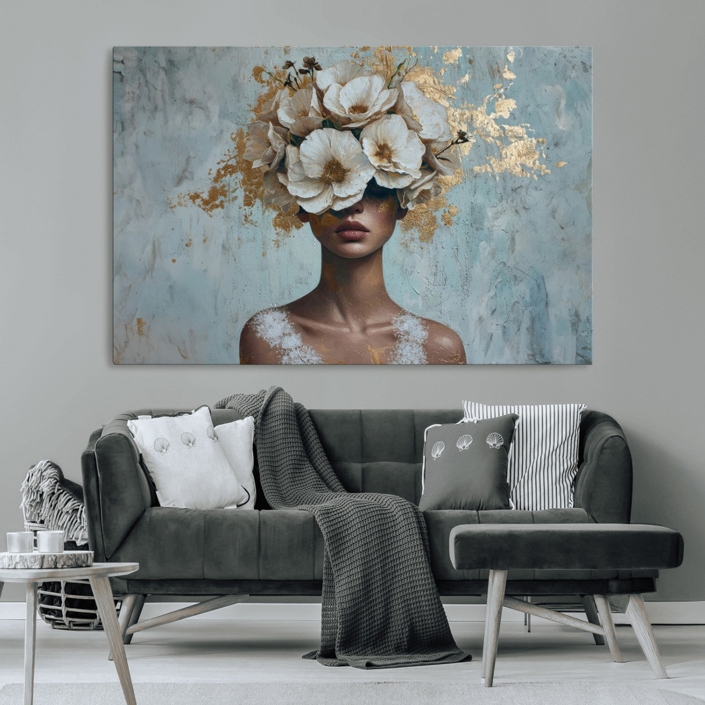 MGV-CV-36X24 - Golden Petal Wall Art - Petal Silhouette Woman Wall Art Canvas Print | Large 3-Panel Canvas with