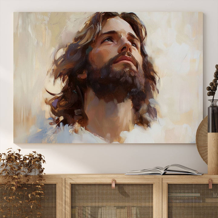 The "Jesus Christ Portrait Wall Art," a ready-to-hang and framed canvas print, features a bearded man with long hair looking upward, creating an inspirational spiritual atmosphere.