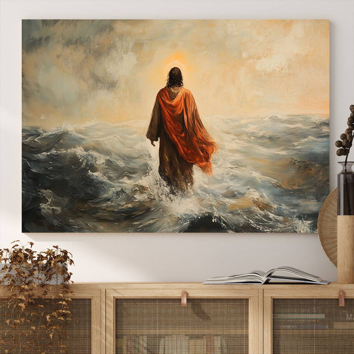 This triptych wall art, titled "Jesus Walking on Water," presents a figure in a red cloak crossing turbulent seas. It is perfect for those looking for religious home decor with a contemporary flair.