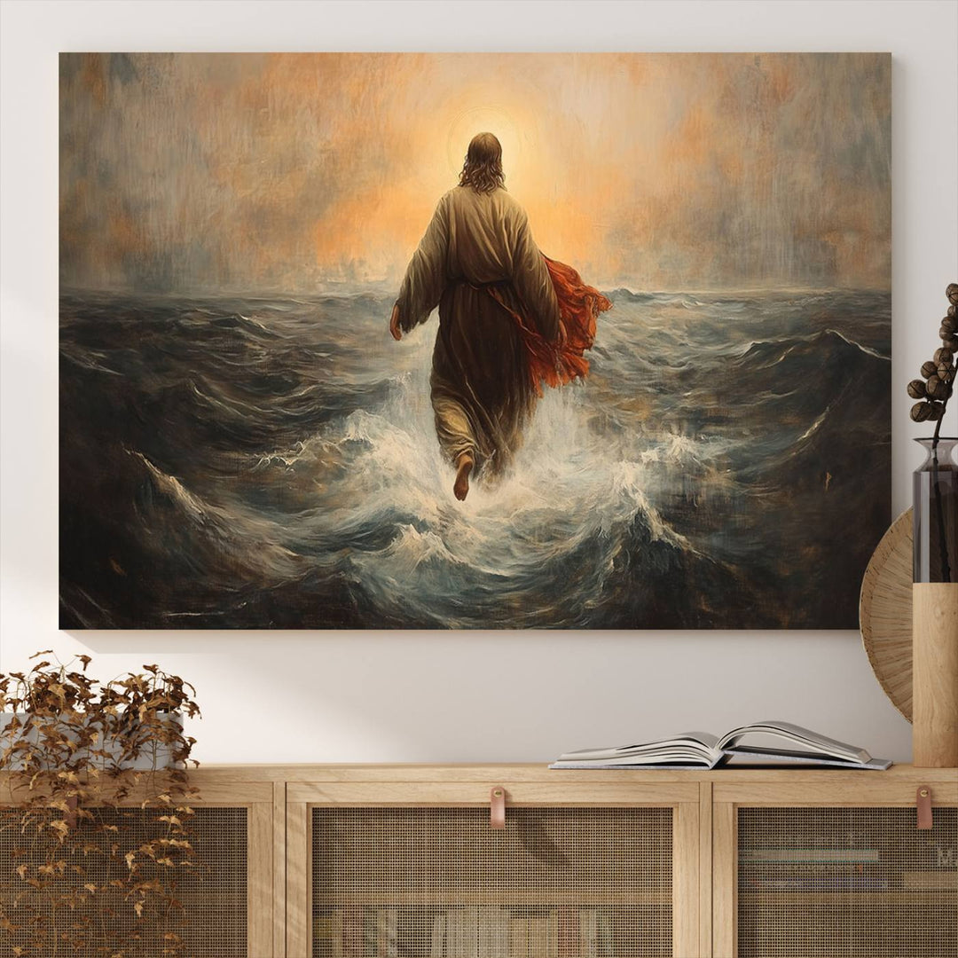 A modern living room is adorned with a triptych titled "Jesus Walking on Water, Christian Wall Art, Jesus Christ Walking on Oil Painting Style Print." The artwork, presented on museum-quality canvas, showcases vibrant colors and exquisite detail.