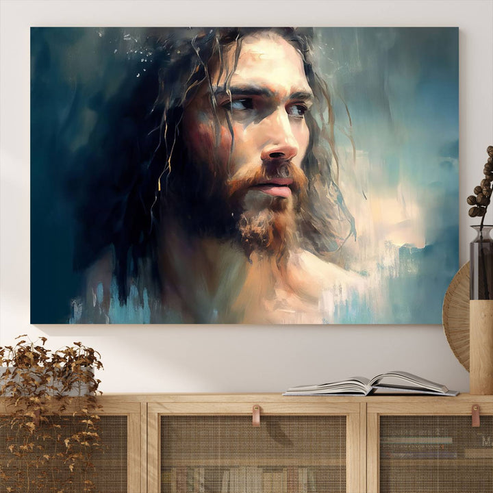 The Jesus Portrait Wall Art Canvas Print, featuring a depiction of a man with long hair and a beard, is showcased on a wooden wall. This Christian Wall Art is rendered on museum-quality canvas, highlighting the mastery of high-resolution printing in an oil painting style.