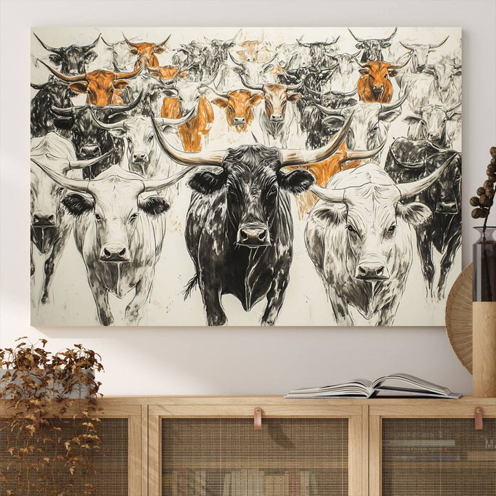 This exquisite farmhouse wall art, titled "Western Longhorn Cattle Canvas Print," showcases a majestic herd of longhorn cattle in a three-panel design. This ready-to-hang and framed barn decor infuses your space with rustic charm.