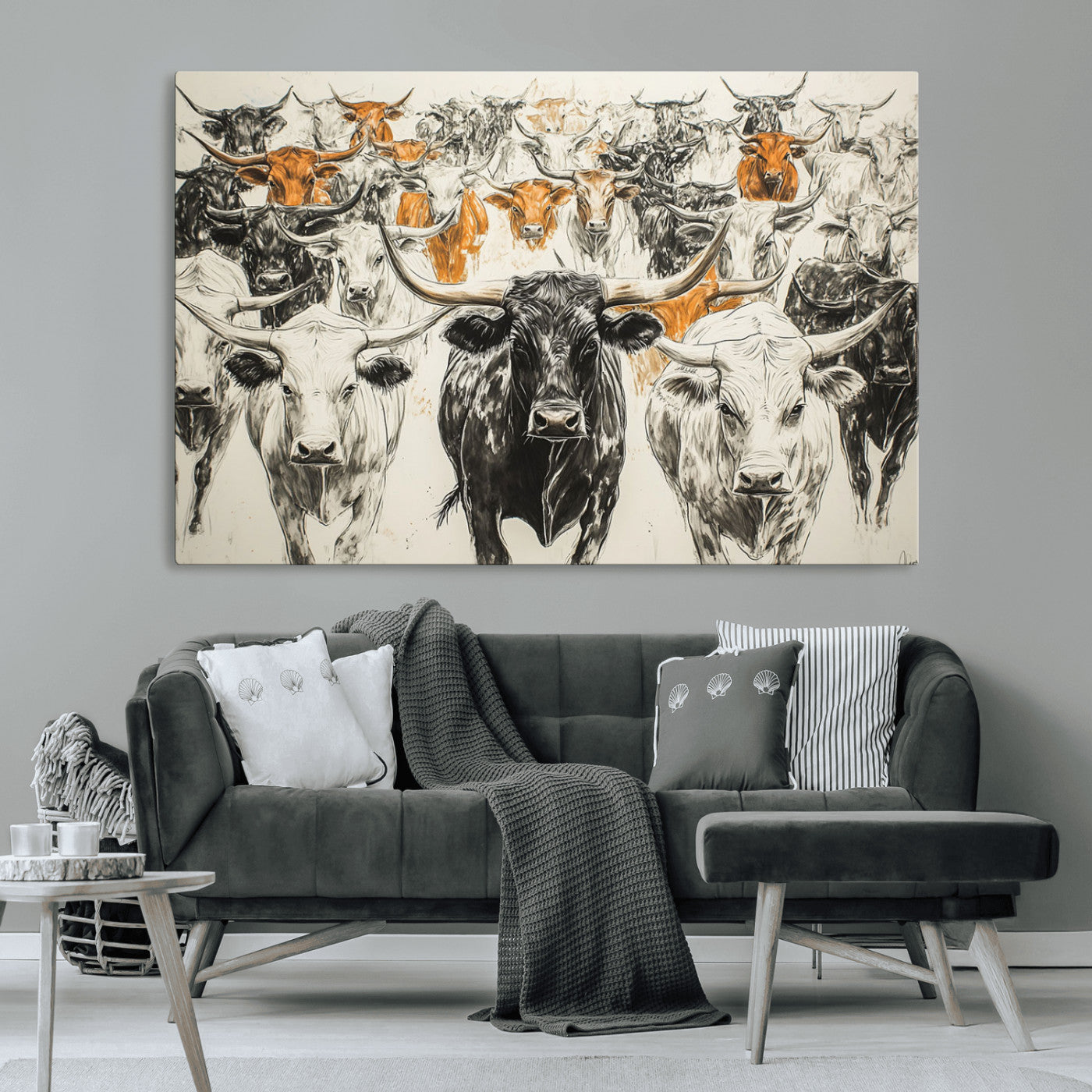 MGV-CV-36X24 - Texas Longhorn Wall Art - Herd Canvas Wall Art Print - Abstract Cow Drawing Wall Art Print for