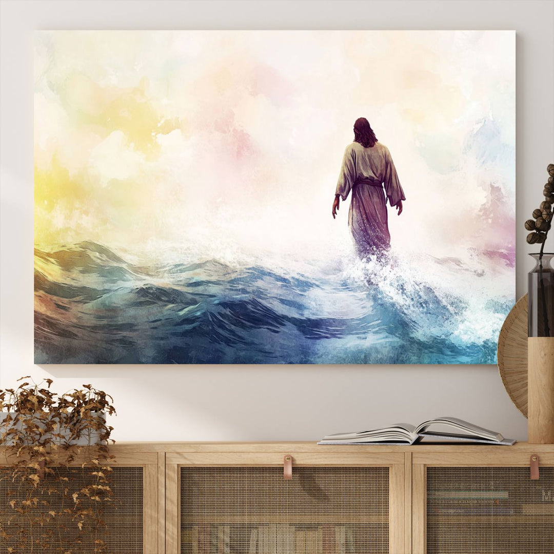 Watercolor Jesus Walking on Water Canvas Print, Christian Wall Art, Jesus Christ Walking