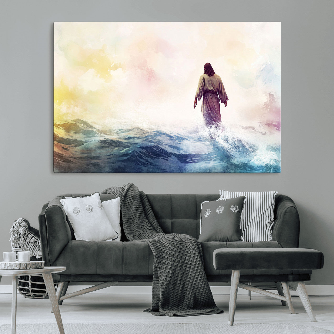 MGV-CV-36X24 - Watercolor Jesus Walking on Water Canvas Print, Christian Wall Art, Jesus Christ Walking