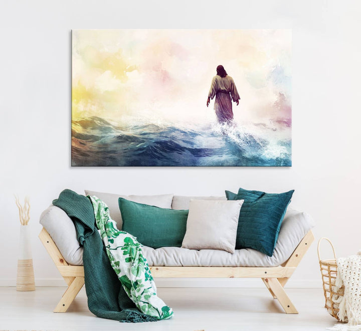 A robed figure strides on water in gentle waves, evoking the Watercolor Jesus Walking on Water canvas art.