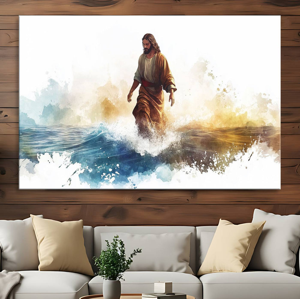 This watercolor canvas print depicts Jesus walking, characterized by abstract splashes against a serene background. It serves as a beautiful piece of Christian wall art.