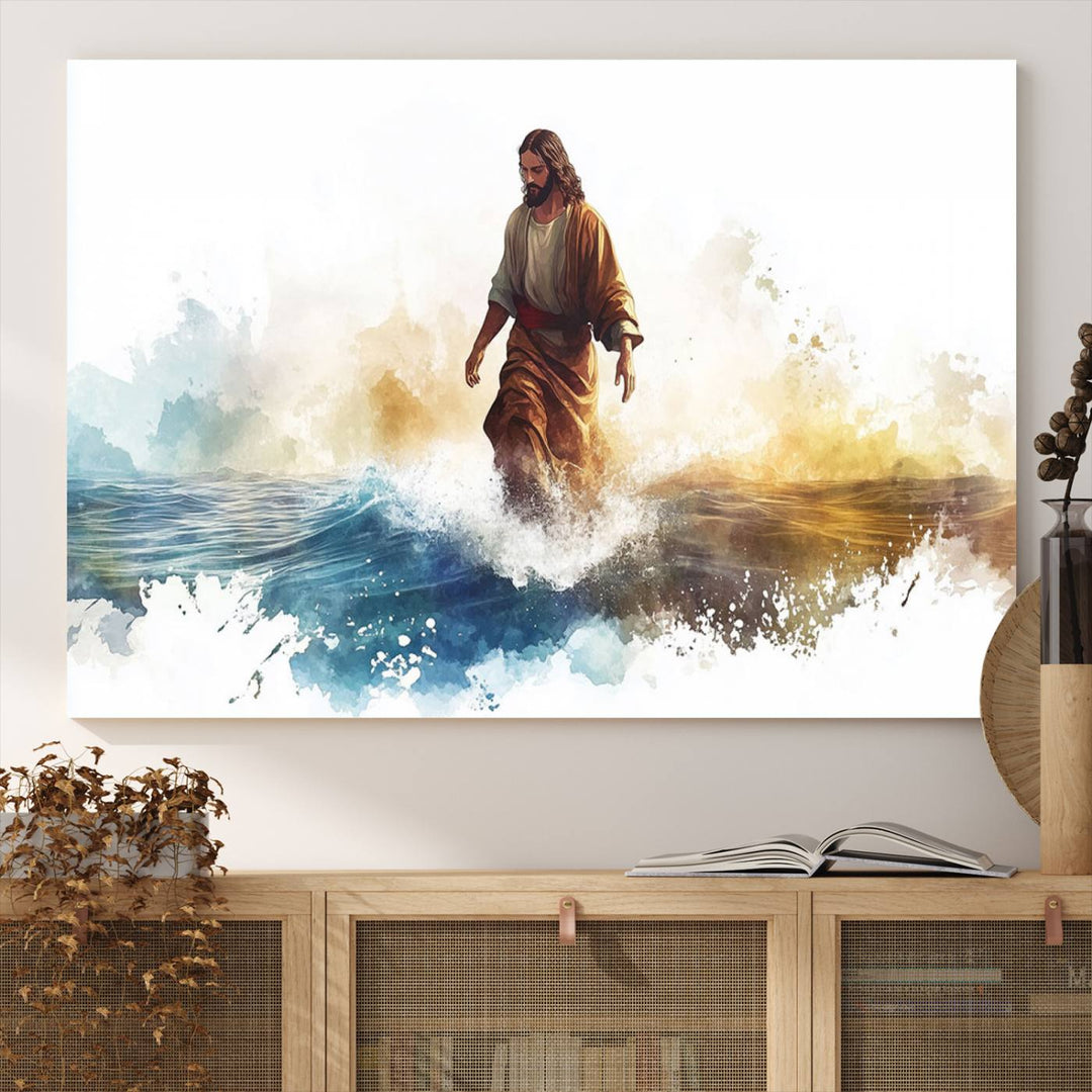 Watercolor Jesus Walking on Water Canvas Print, Christian Wall Art, Jesus Christ Walking