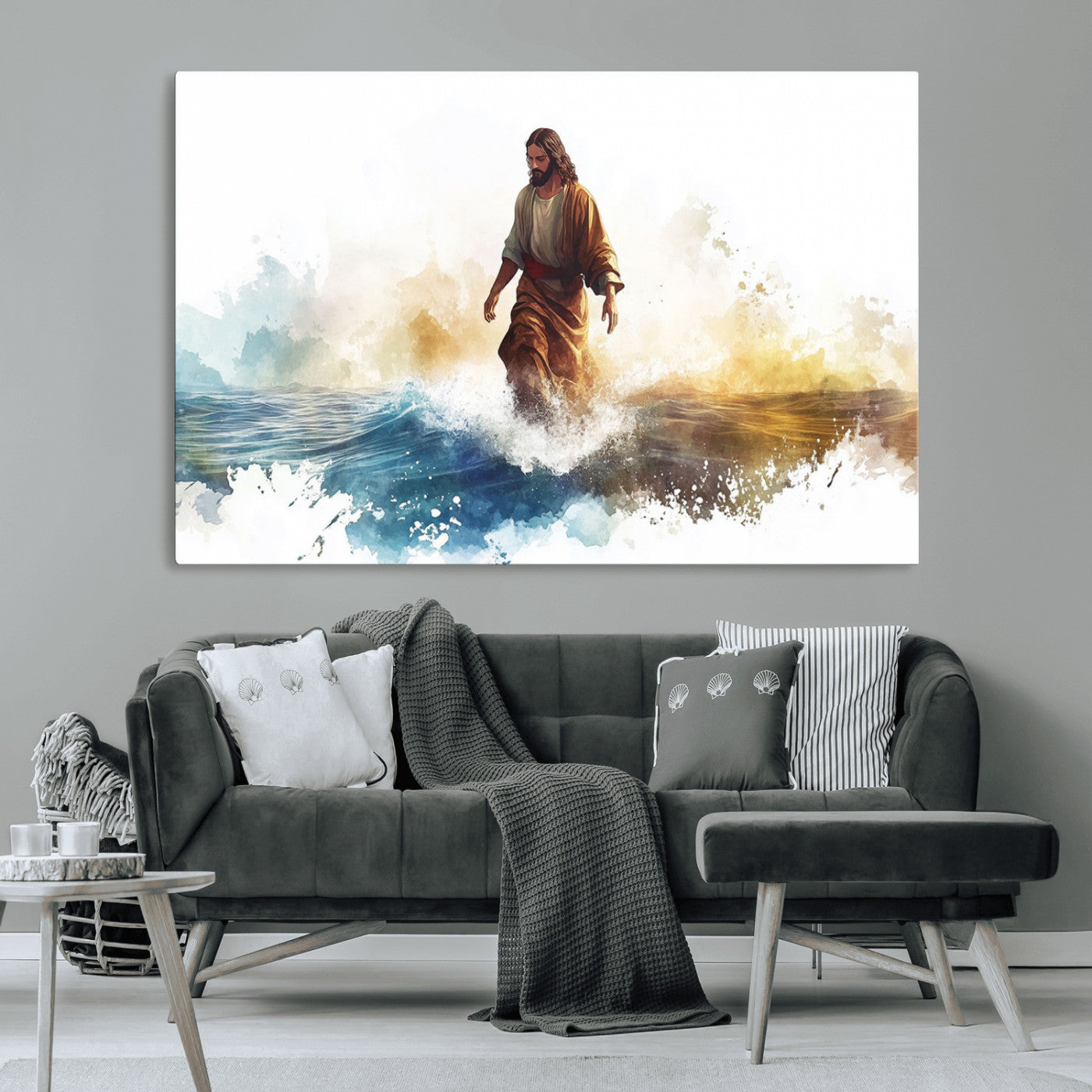 MGV-CV-36X24 - Watercolor Jesus Walking Wall Art Print, Jesus Water Canvas Print, Christian Wall Art, Jesus Christ
