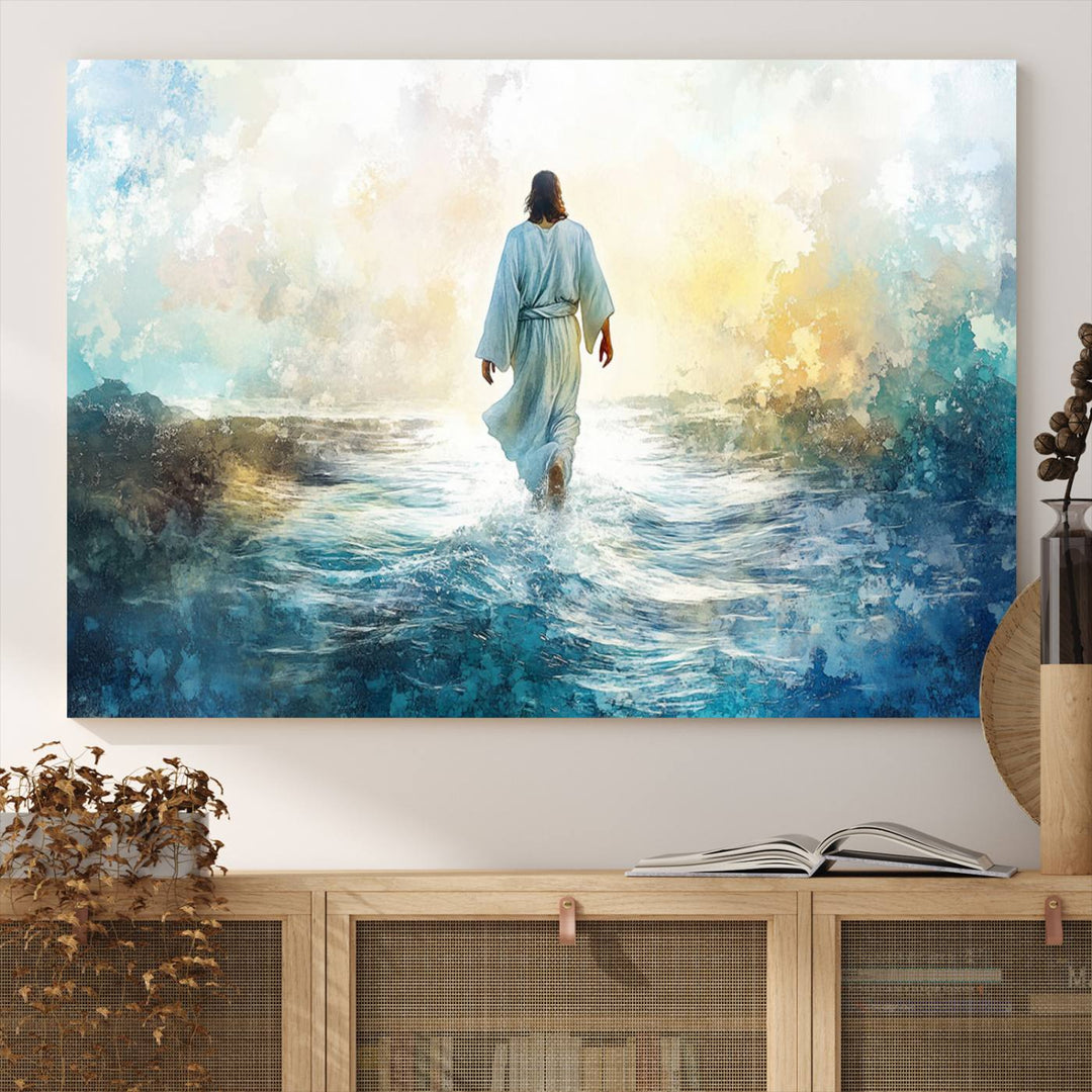 Watercolor Jesus Walking on Water Canvas Print, Christian Wall Art, Jesus Christ Walking