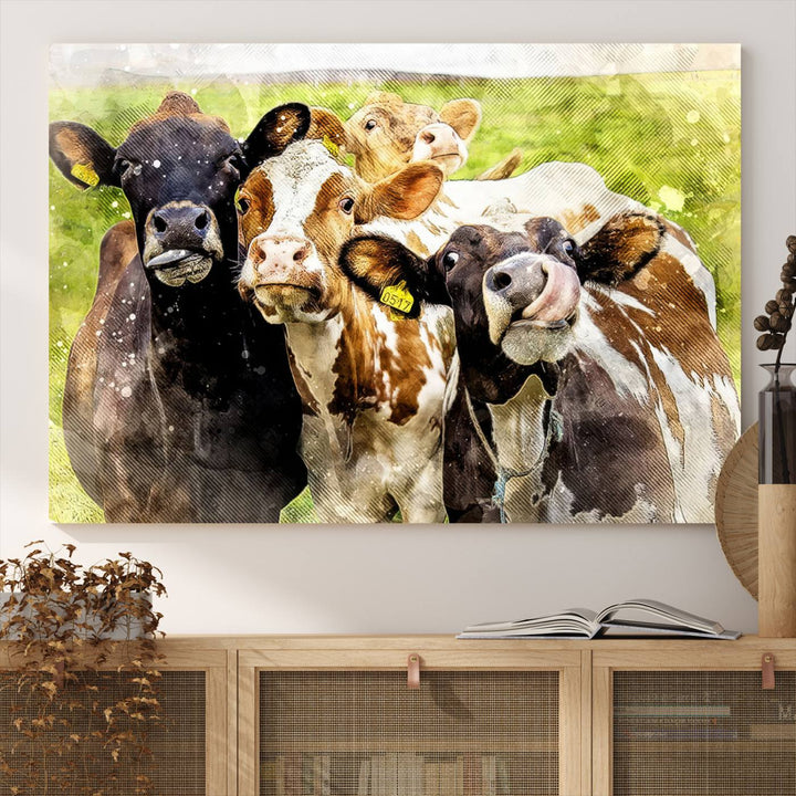 A charming triptych featuring the "Curious Cows Farmhouse Wall Art," a ready-to-hang and framed canvas print, adds a touch of rustic farm decor to the space.