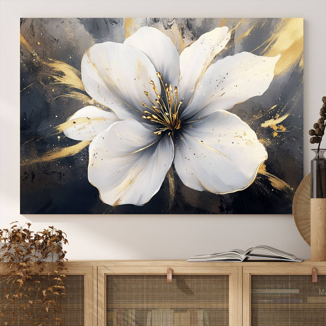 White Flower Wall Art | Canvas Print | Ready to Hang | Abstract Floral Wall Decor | Elegant Bloom Artwork | Framed for Living Room or Bedroom