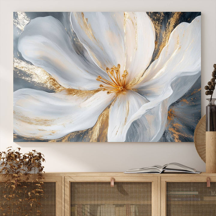 White and Gold Floral Canvas Wall Art - Framed and Ready to Hang - Perfect for Modern Living Rooms