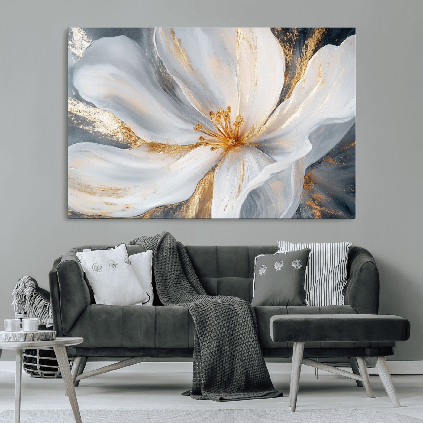 MGV-CV-36X24 - White and Gold Floral Canvas Wall Art - Framed and Ready to Hang - Perfect for Modern Living Rooms