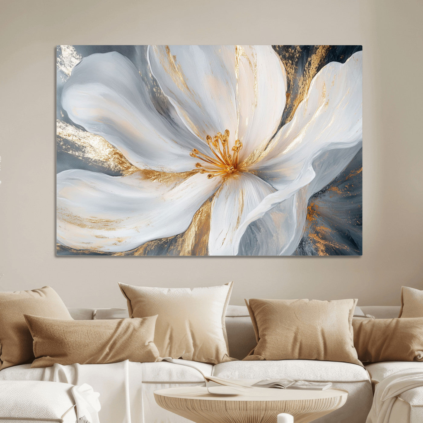 83149-MGV-CV-36X24-White and Gold Floral Canvas Wall Art - Framed and Ready to Hang - Perfect for Modern Living Rooms