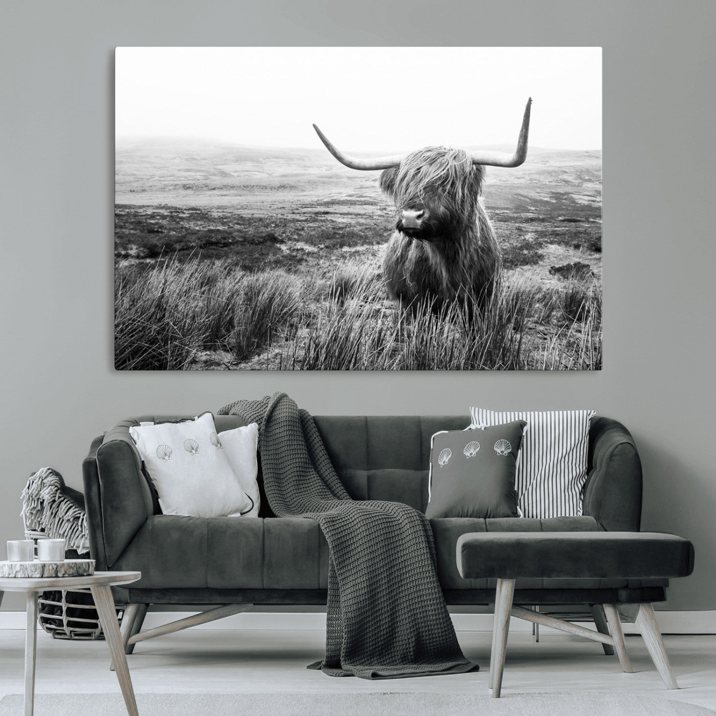 MGV-CV-36X24 - Scottish Highland Cow Wall Art | Black and White Canvas Print | Ready to Hang and Framed | Rustic