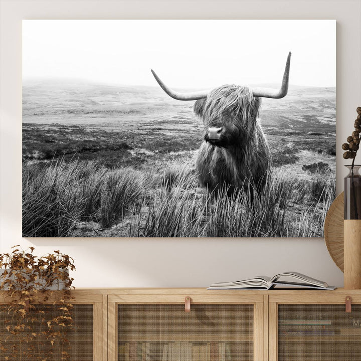 Scottish Highland Cow Wall Art | Black and White Canvas Print | Ready to Hang and Framed | Rustic Farmhouse Wall Decor for Living Room or Office