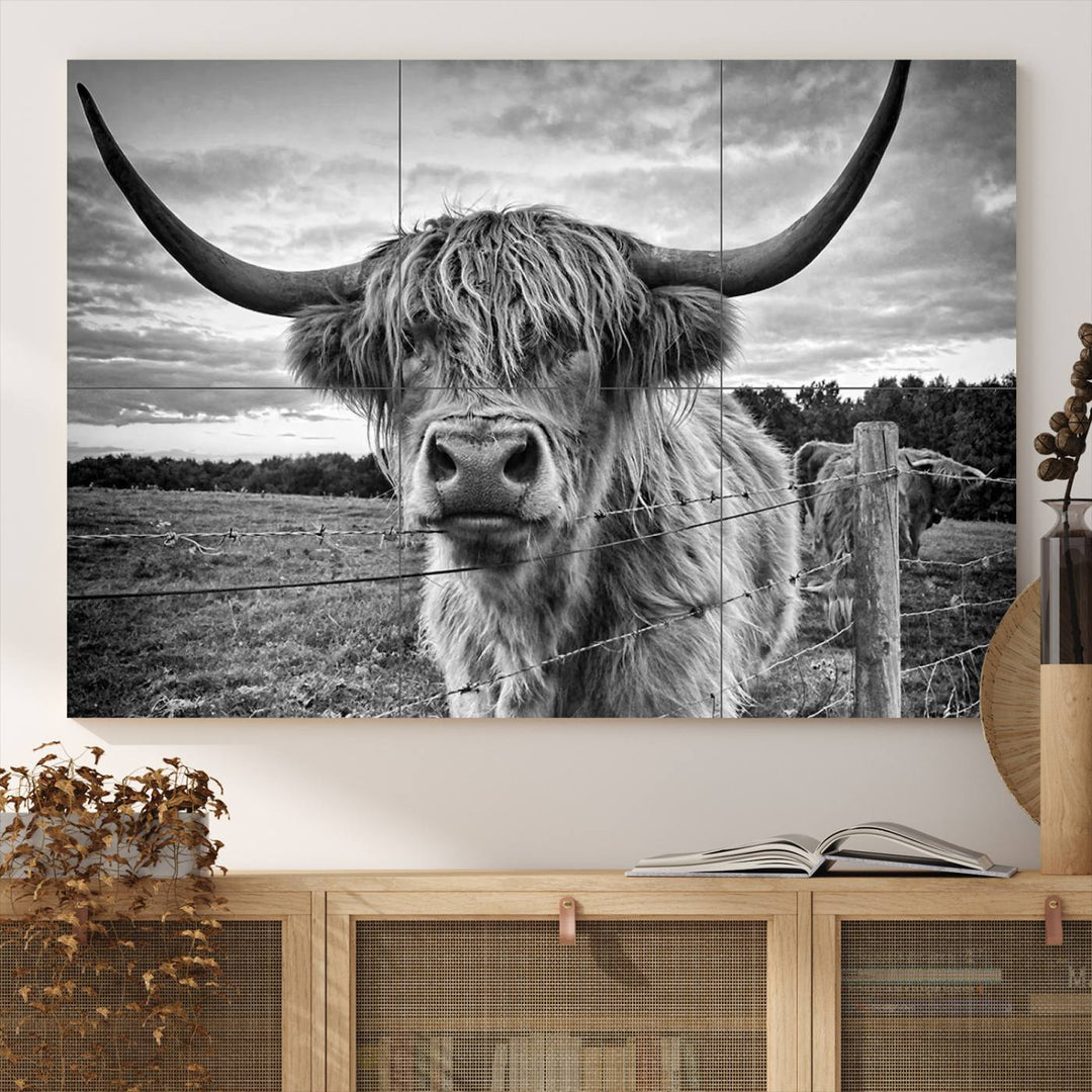 Scottish Highland Cow Wall Art Canvas Print | Ready to Hang and Framed | Rustic Farmhouse Decor