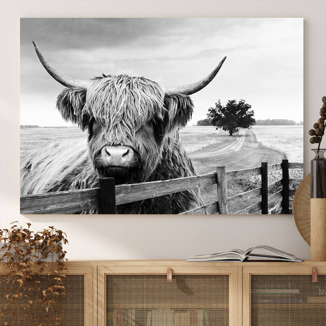 Scottish Highland Cow Wall Art | Rustic Farmhouse Décor | Black and White Ready to Hang Canvas Print