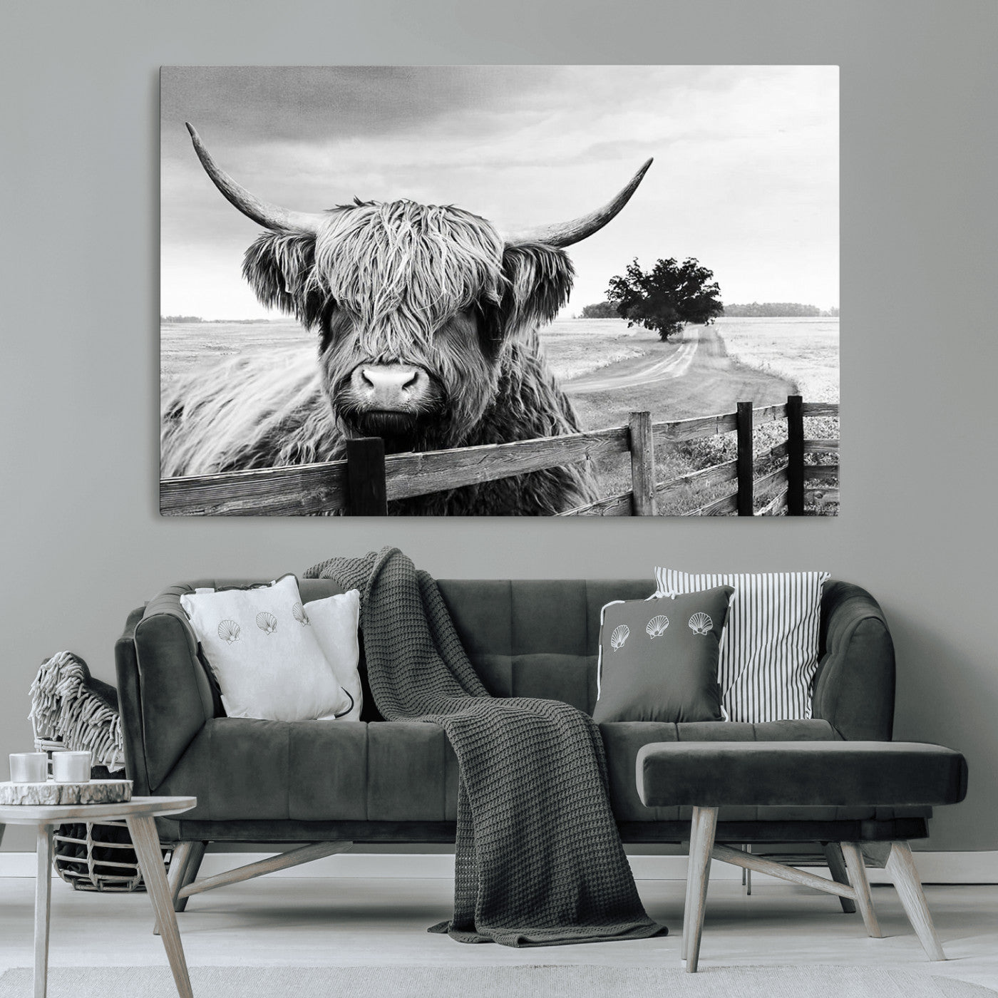 MGV-CV-36X24 - Scottish Highland Cow Wall Art | Rustic Farmhouse Décor | Black and White Ready to Hang Canvas Print