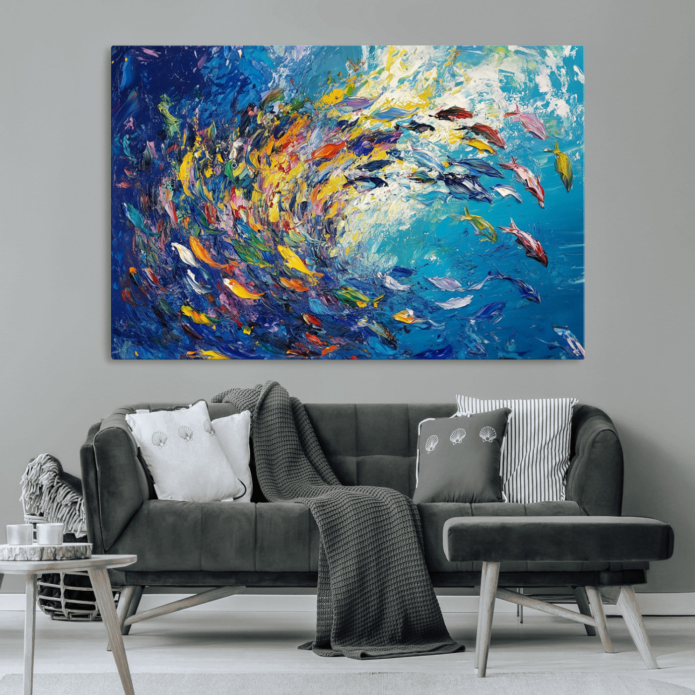 MGV-CV-36X24 - Colorful Swirling Fish School Wall Art Canvas Print | Oceanic Abstract Painting | Ready to Hang |