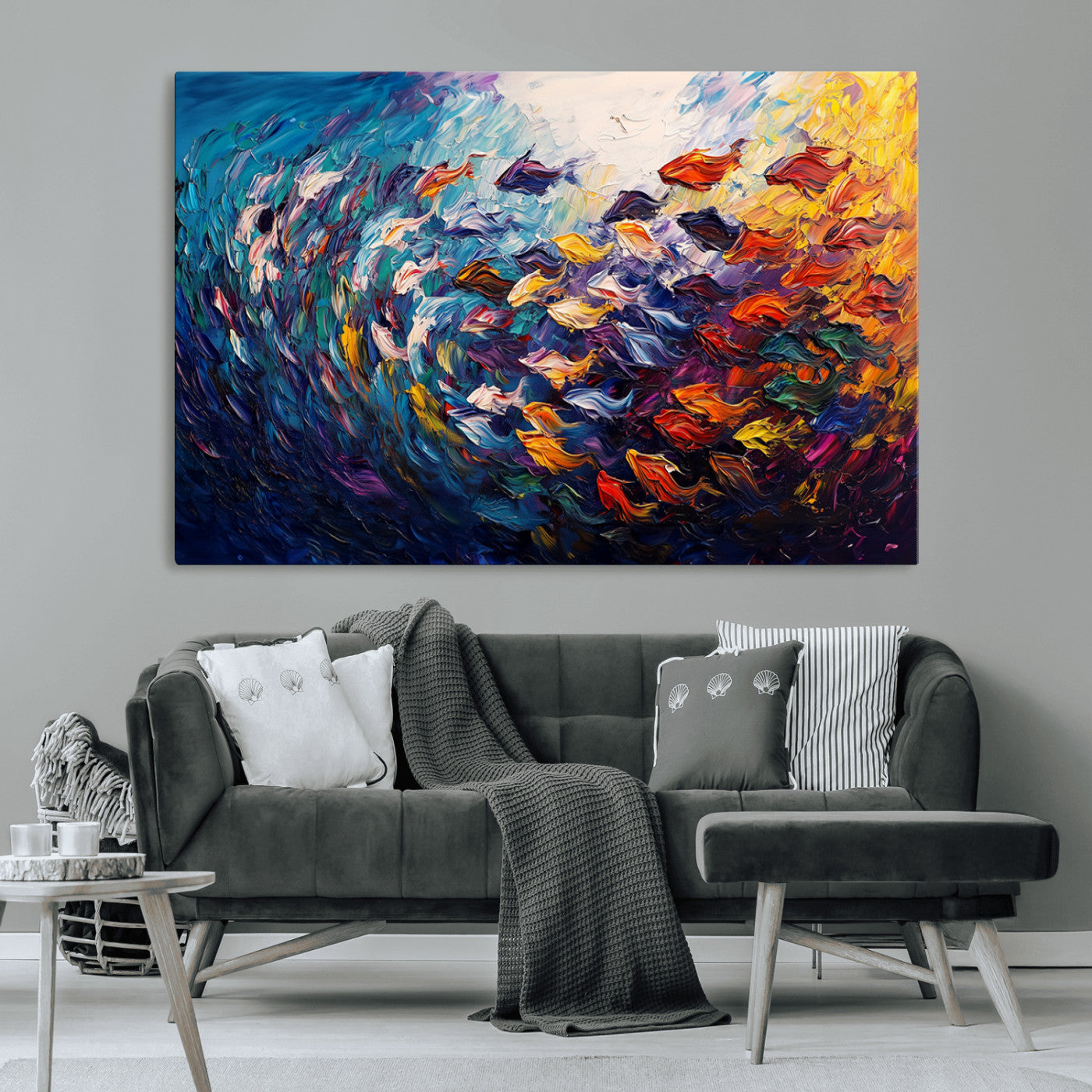 MGV-CV-36X24 - Vibrant Abstract Fish Swarm Art – Colorful Fish Inspired 3-Piece Canvas Wall Art for Living Room or